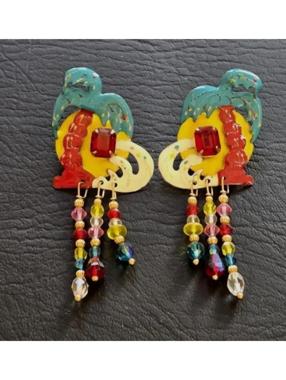 RARE Lunch at the Ritz 1988 Palm Tree Beaded Dangle Earrings Signed